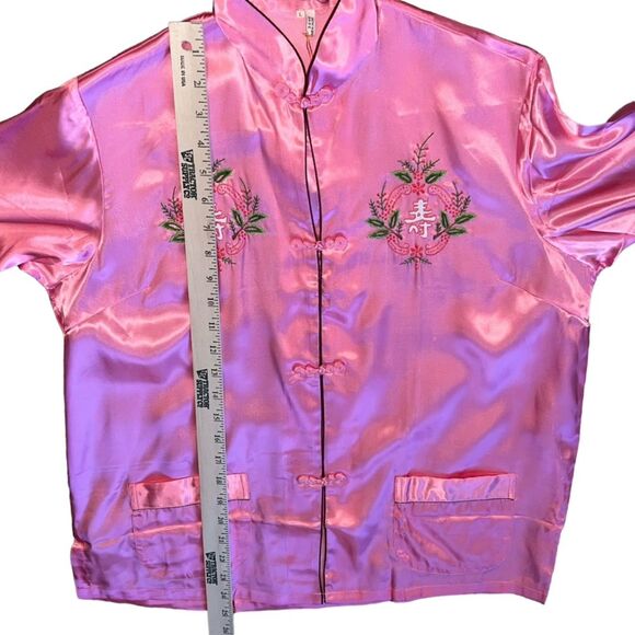 New Vintage Longevity Pink Satin Chinese Pajama Set Large Embroidered - Picture 7 of 16
